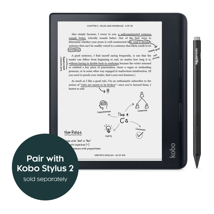 Black Kobo Sage front view paired with black Kobo Stylus, sold separately.