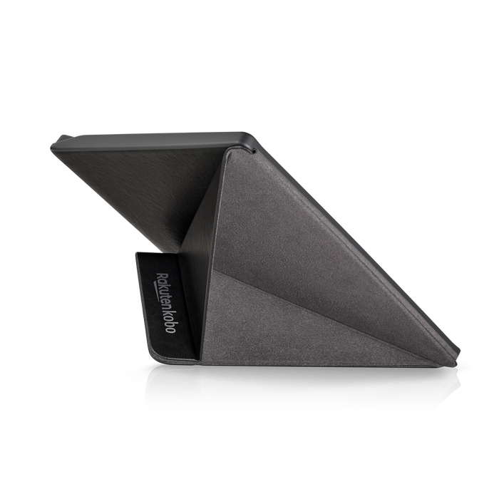 Kobo Forma with black SleepCover from the back folded into a stand