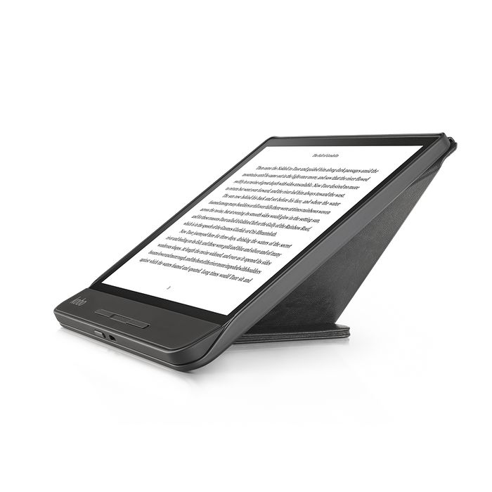 Kobo Forma with black SleepCover folded into a stand