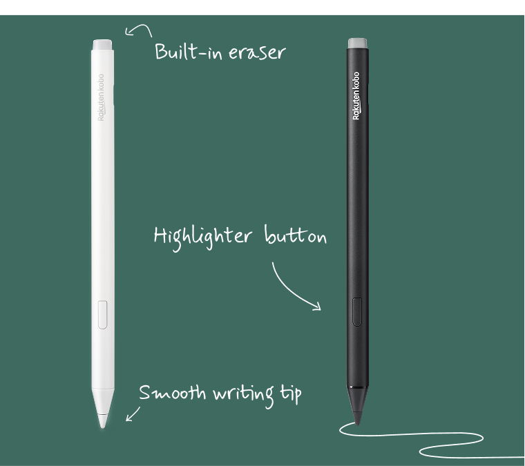 An image of both the black and new white versions of Kobo Stylus 2, showing the built-in eraser, highlighter button and smooth writing tip.